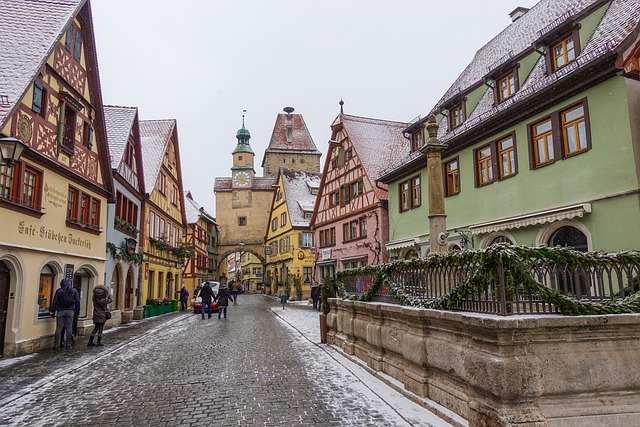 A snowy street in the half-timbered town of Rothenburg