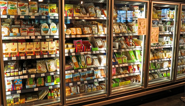 Fully-stocked refridgerated shelves in a German supermarket.