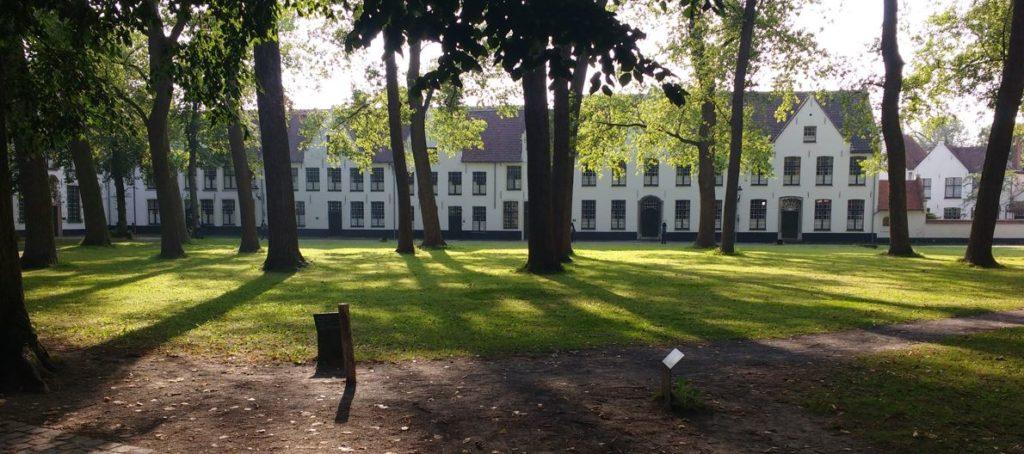 The sunlight streams through the trees onto the green gardens of the beguinage