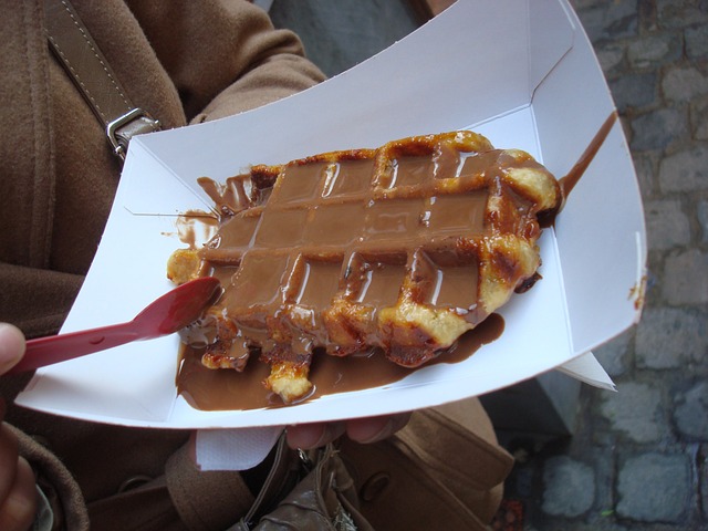 Liege waffle covered in chocolate sauce