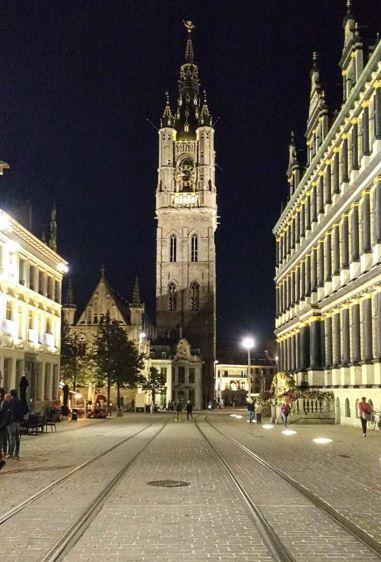 The Belfry in Ghent light up at night